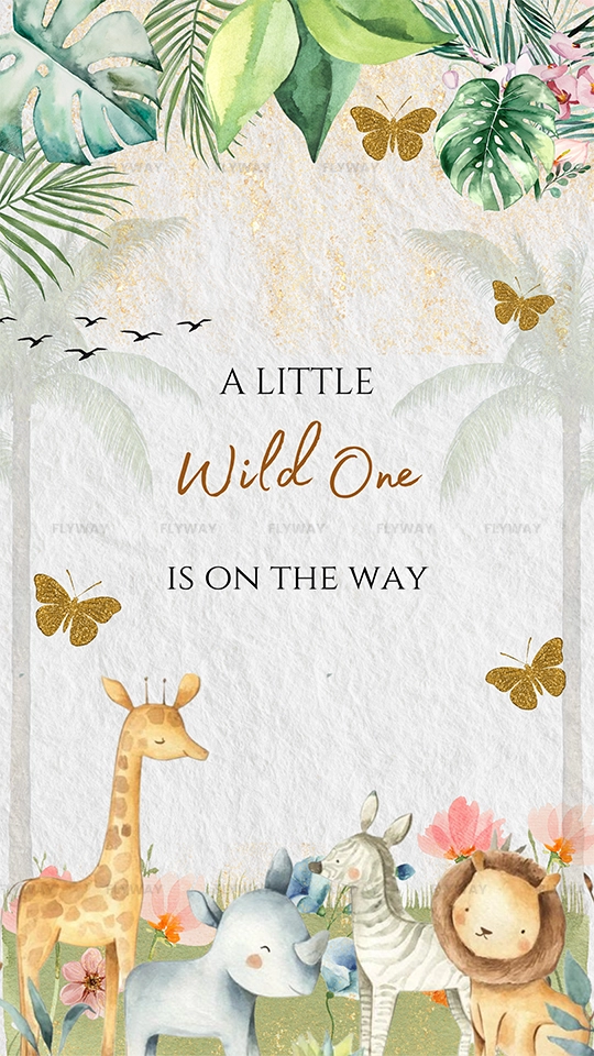 Baby shower invite with jungle animals and "A Little Wild One is on the Way"