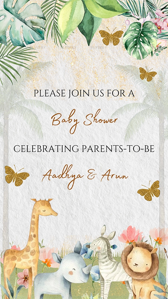 Baby shower invite with animals and parents-to-be names