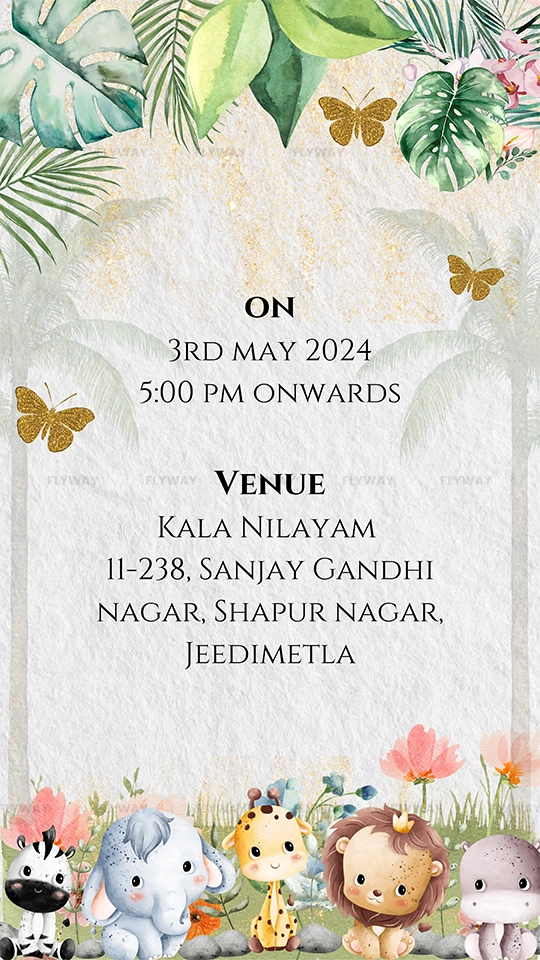 Baby shower invite with venue details and cute baby animals