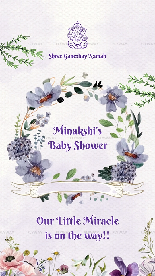 Baby shower invitation card with floral design and "Minakshi's Baby Shower" text