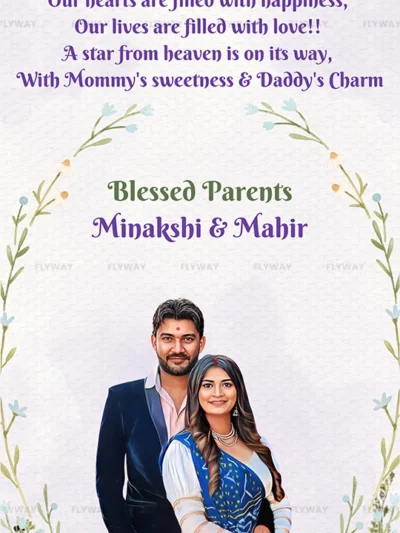 Baby shower invitation with photo of parents and floral frame