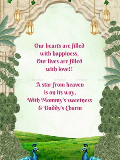 Baby shower invite message with peacocks and flowers