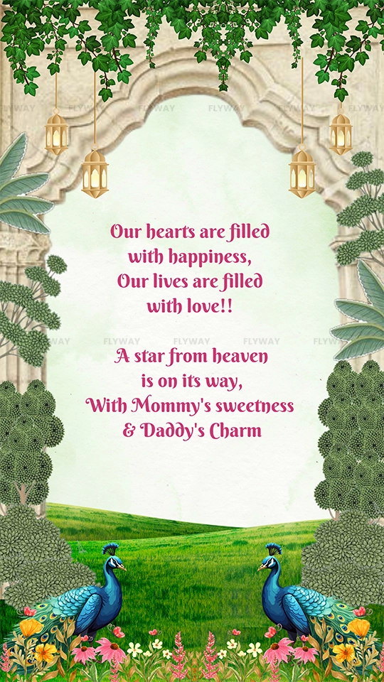 Baby shower invite message with peacocks and flowers