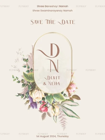 Pastel floral save-the-date card with monogram centerpiece in elegant frame