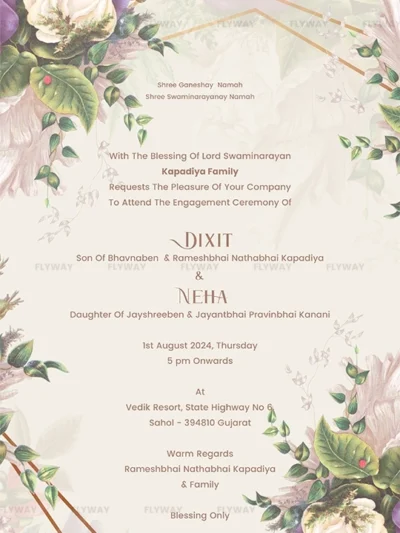 Pastel floral engagement invitation card with botanical illustrations and elegant typography