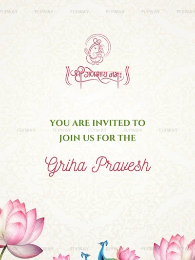 Grih Pravesh invitation with peacock and lotus