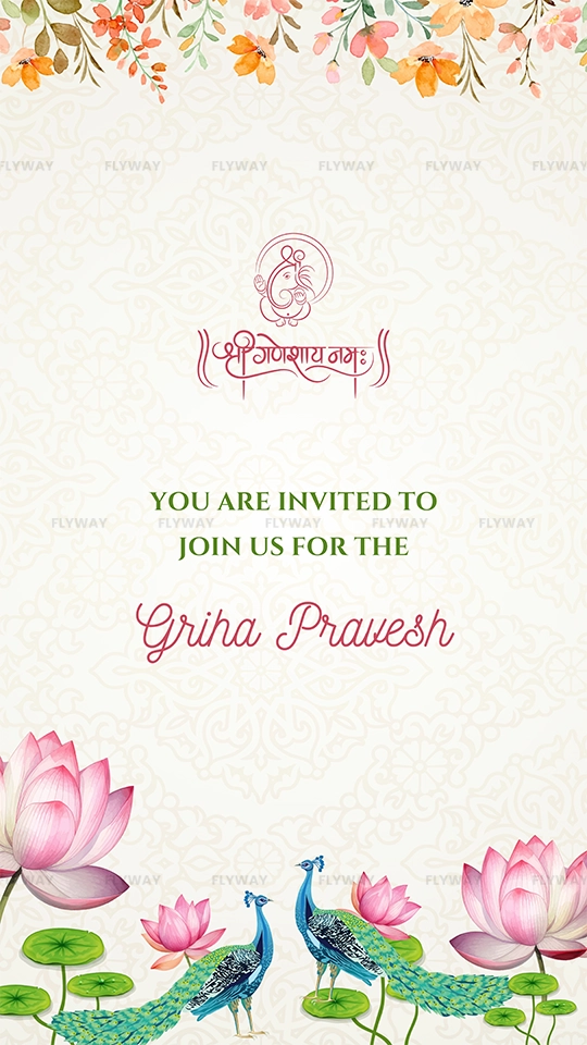 Grih Pravesh invitation with peacock and lotus